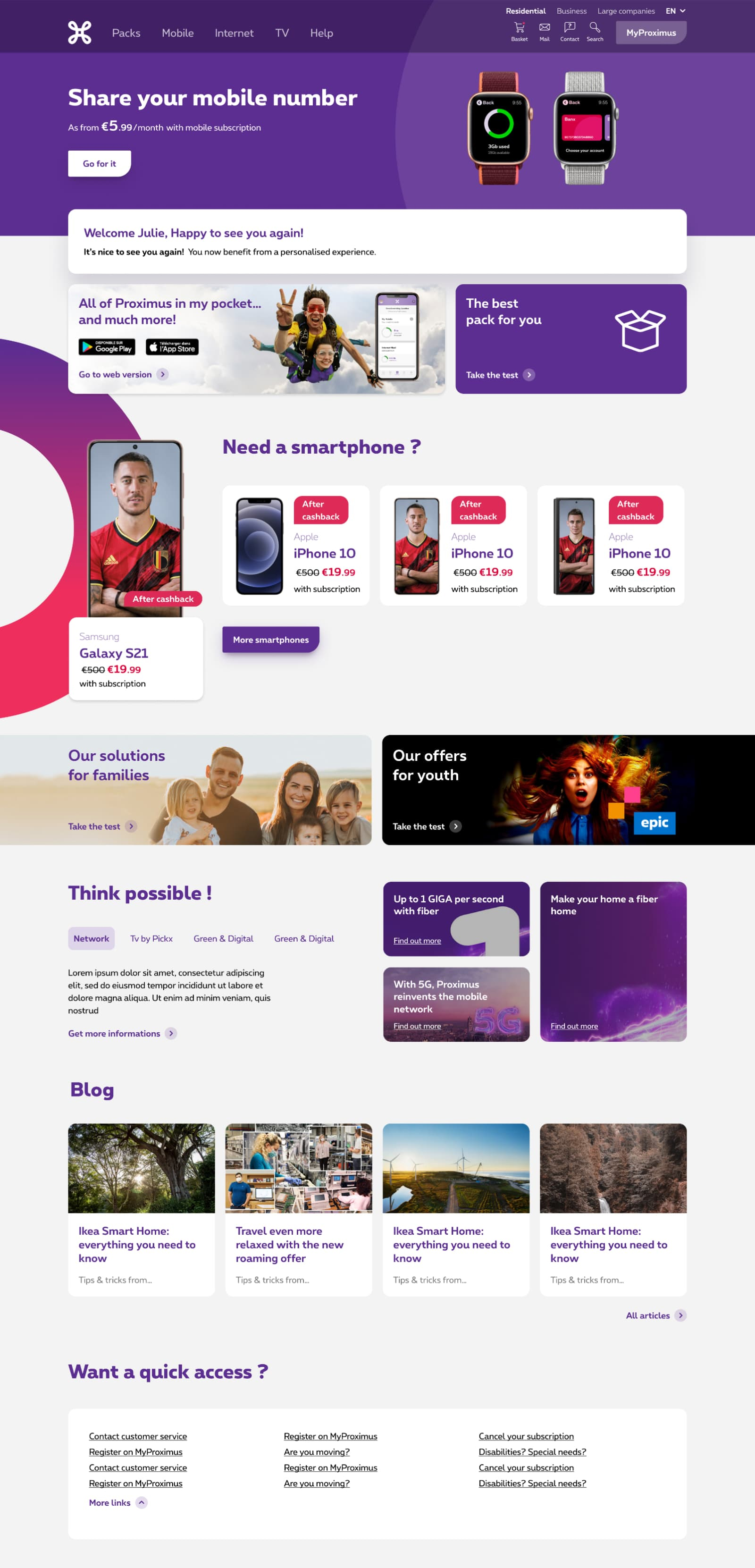 Proximus homepage desktop view showing the refreshed design with joint offers highlighted