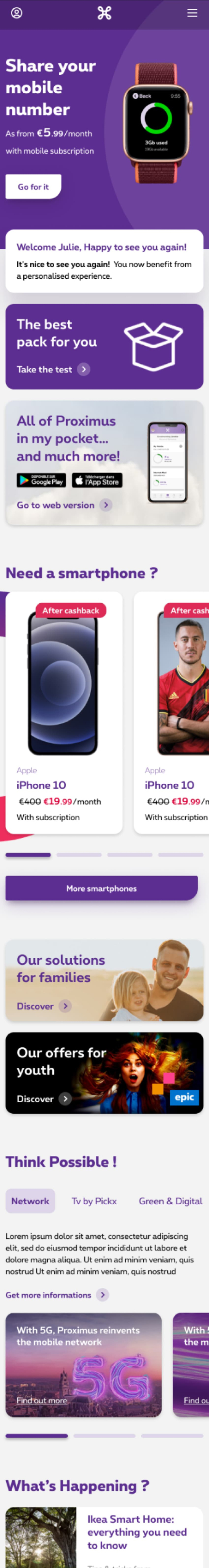 Proximus homepage mobile view showing responsive design